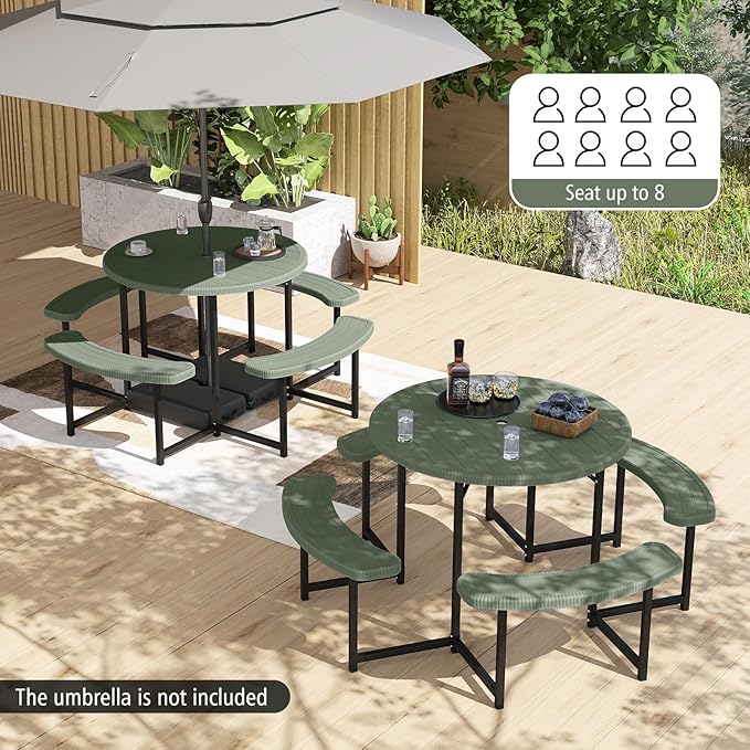 Giantex Picnic Table Bench Set for 4-8 Person Round 37” Outdoor Dining Table w/Umbrella Hole HDPE Tabletop Metal Frame Patio Furniture Set for Backyard Porch Lawn 1400lb Capacity (GreenRound)