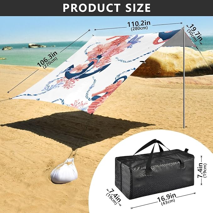 Bolaz Beach Canopy Tent Sun Shade9'×10.5' Large Family Beach Shade UPF50+- Outdoor Shade for Camping Trips FishingSeahorse Boat Anchor Pattern