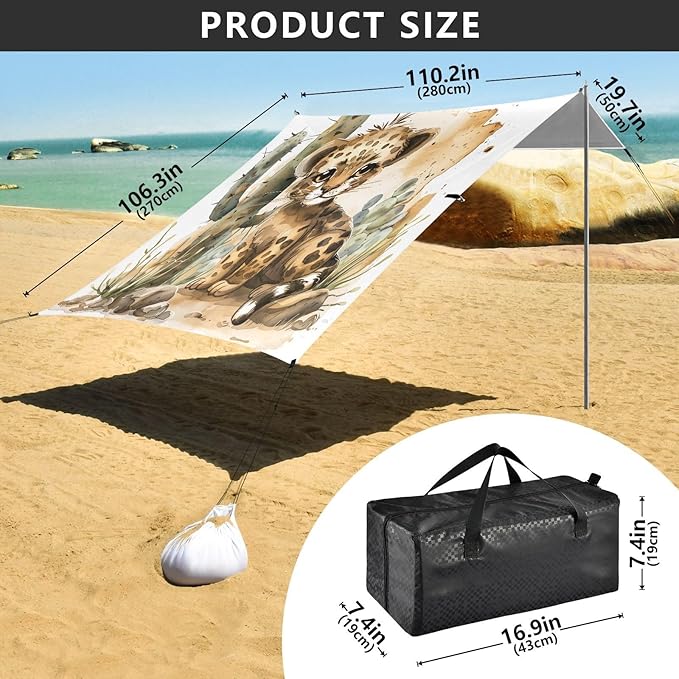 ALAZA Cute Leopard Baby Beach Tent Sun Shelter UPF50+ Protection Beach Shade Canopy w/ 4 Sandbags for Outdoor Camping Fishing Backyard Fun Picnic 10x9 ft