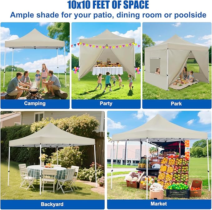 Yesker 10x10 Pop Up Canopy Tent with 4 Sidewalls Portable Folding Outdoor Canopy Easy Setup Gazebo Waterproof Instant Shelter Tent w Wheel Carry Bag sandbag for Events Parties Camping Khaki Brown