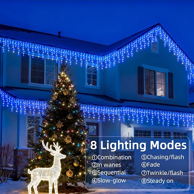 Christmas Outdoor Icicle Lights - 480 LED 66+33 FT 8 Modes Curtain Fairy String Light Plug in Waterproof for Eaves Yard Holiday Xmas Holiday Indoor Outdoor Decoration - Blue White
