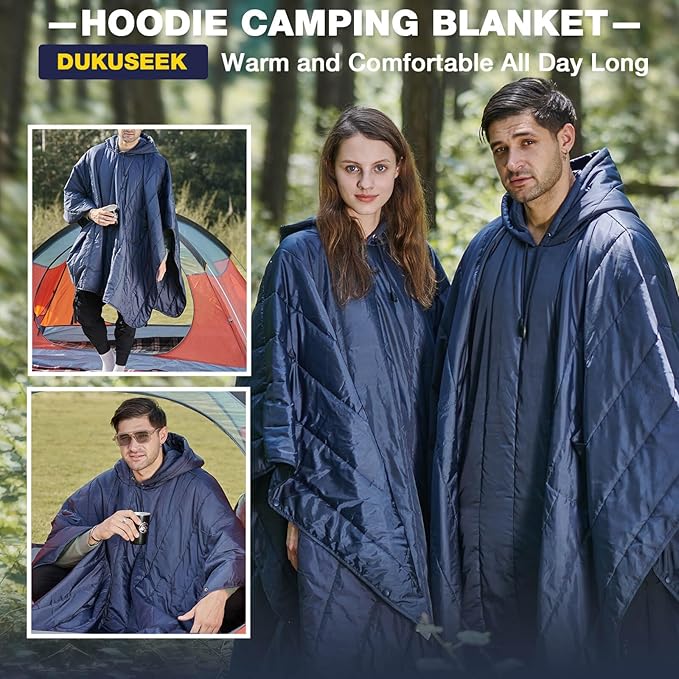 DUKUSEEK Outdoor Wearable Camping Blanket with Hood Large Packable Backpacking Hooded Stadium Blankets Lightweight Warm Quilt for Picnic Hiking Football 79X56