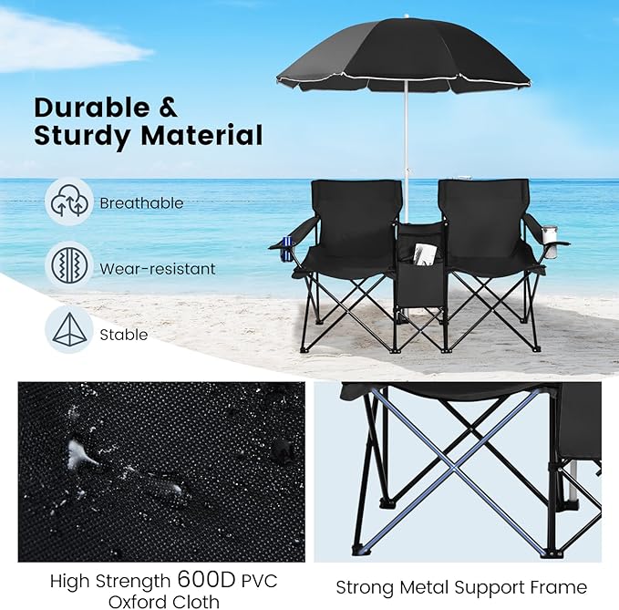 Double Camping Chair 2-Person Portable Beach Chair w/Removable Umbrella Cup Holders &amp Carrying Bag Folding Loveseat Chairs for Adults Outdoor Picnic (Black)