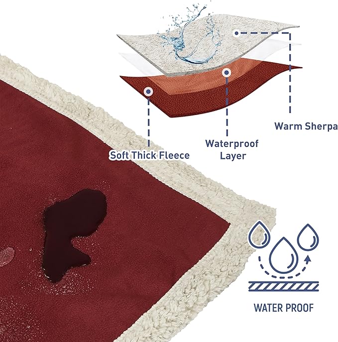 Catalonia Waterproof Blanket Washable Leakproof Bed Cover for Couples Reversible Protector Blanket for Bed Couch Sofa 80X90 inches Wine