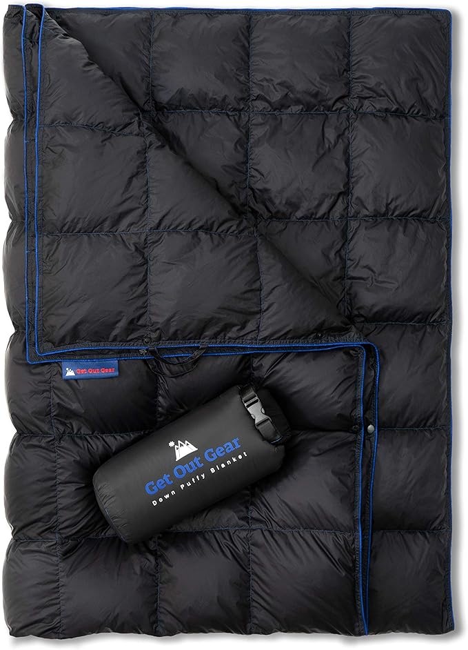 Get Out Gear Down Camping Blanket - Puffy Packable Lightweight and Warm | Ideal for Outdoors Travel Stadium Festivals Beach Hammock | 650 Fill Power Water-Resistant Backpacking Quilt