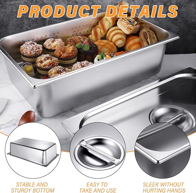 Ferraycle 3 Pack Full Size 4 Inch 6 Inch Hotel Pan with Lid Perforated Steam Table Pan Restaurant Supplies for Kitchen Steam Table Tray for Food Warmer