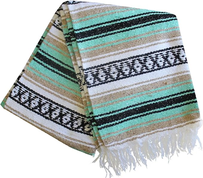 Del Mex Classic Mexican Blanket Large Authentic Woven Falsa Throw (70x50) Artisan Southwest Décor for Beach Yoga Outdoors (Mint/Tan)