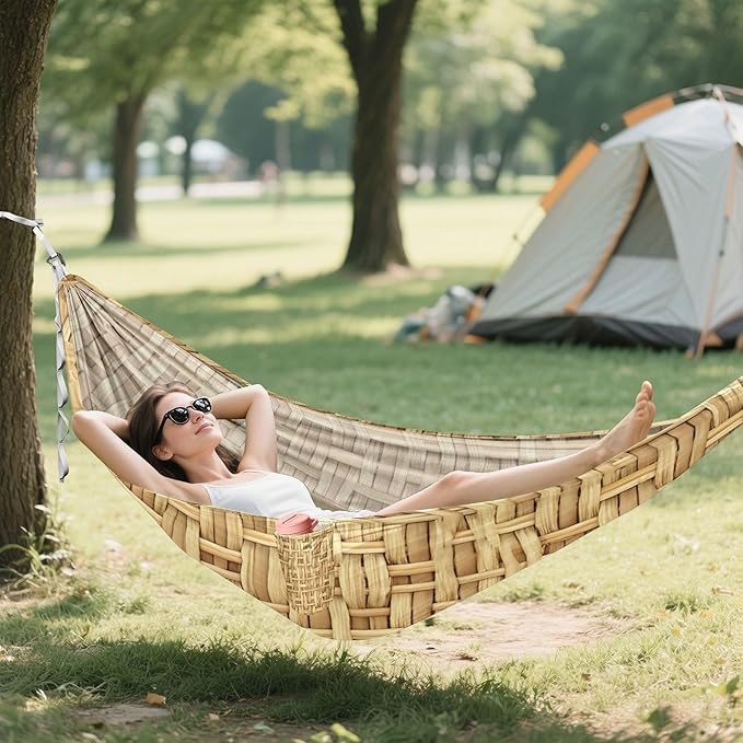 Woven Rattan Texture Hammock 330 lb Capacity Travel Camping Hammock with Tree Straps Portable Lightweight for Outdoor Beach Backpacking Backyard Patio