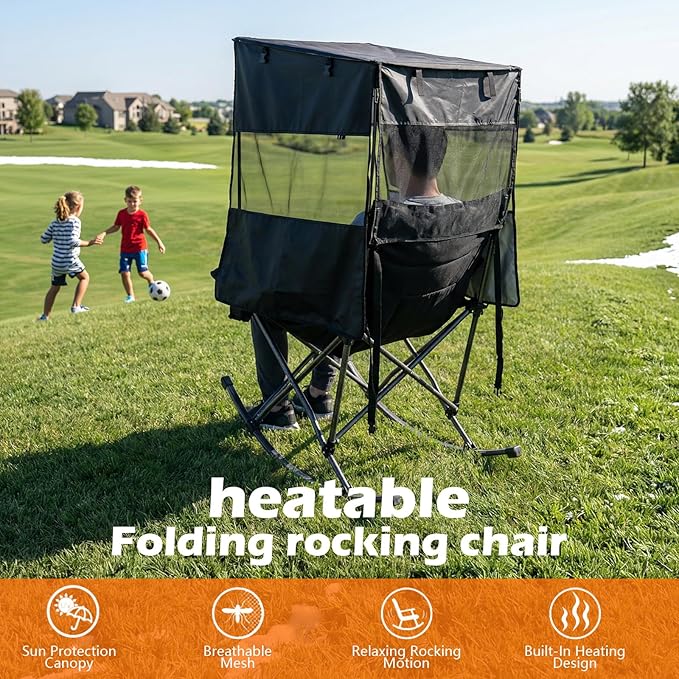 Nice C Heated Rocking Camping Chair with Canopy XL Oversized Folding Rocker with Battery Outdoor Umbrella Chairs with Shade with Cup Holder Cooler Bag for Sports Patio Backyard (1 Pack)
