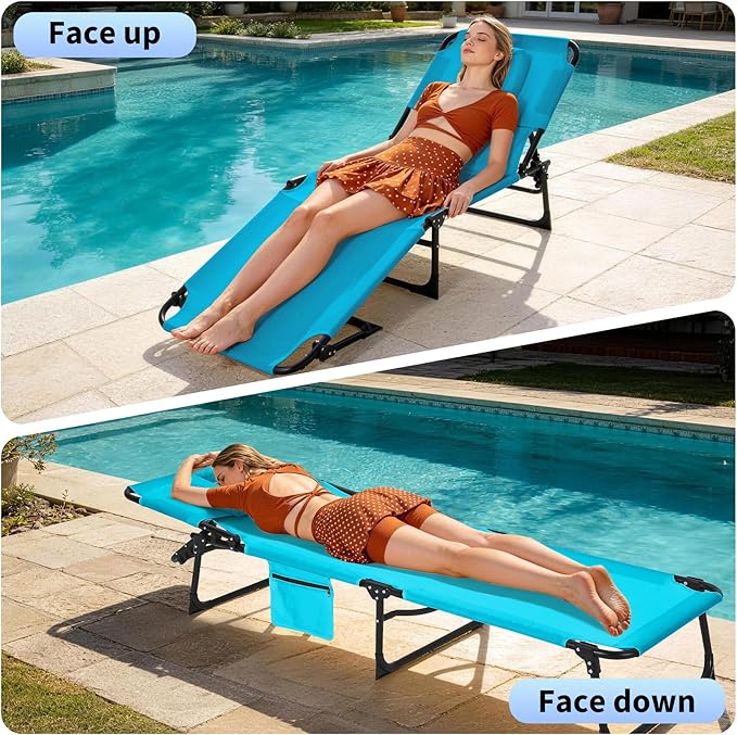 Tanning Chair with Face Hole Folding Beach Lounge Chair5-Position Adjustable Backrest Pillow &amp Side PocketPortable Face Down Chaise Lounge for Outdoor Backyard PoolsideBeach PatioBlue