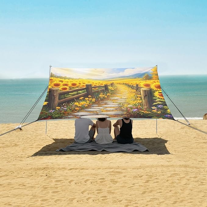 Bolaz Beach Canopy Tent Sun Shade9'×10.5' Large Family Beach Shade UPF50+- Outdoor Shade for Camping Trips FishingSunflower Field Wooden Fence