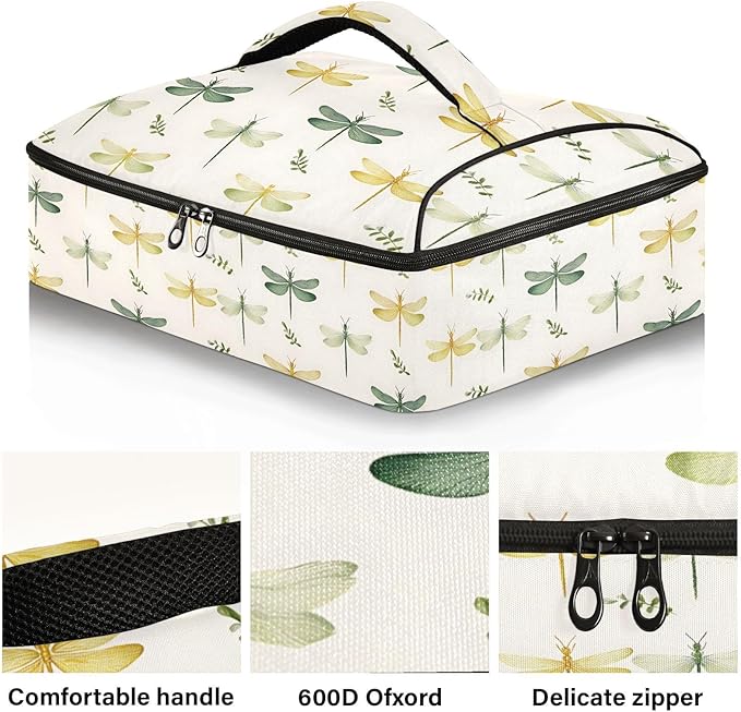 Casserole Carrier Elegant Pattern DragonfliesInsulated Casserole Carrier for Hot or Cold Food Thermal Lunch Tote for Potluck Parties Picnic Beach Fits 9 x 13 Inches Baking Dish
