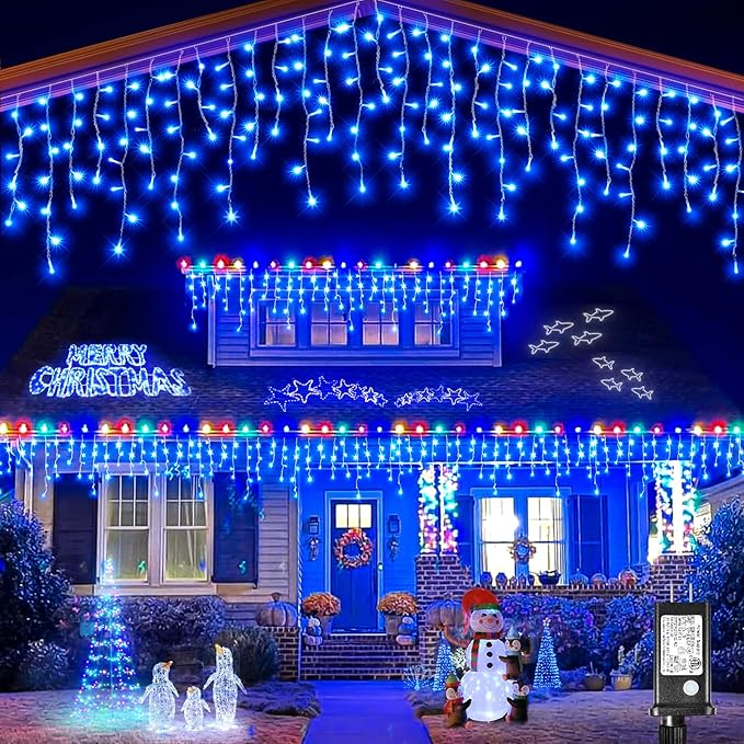 Icicle Christmas Lights Outdoor 132ft 1280 LED Icicle Lights for Outside Plug in Twinkle Lights Indoor with 8 Modes Timer Waterproof for House Holiday Decor Wedding Christmas Decorations Blue