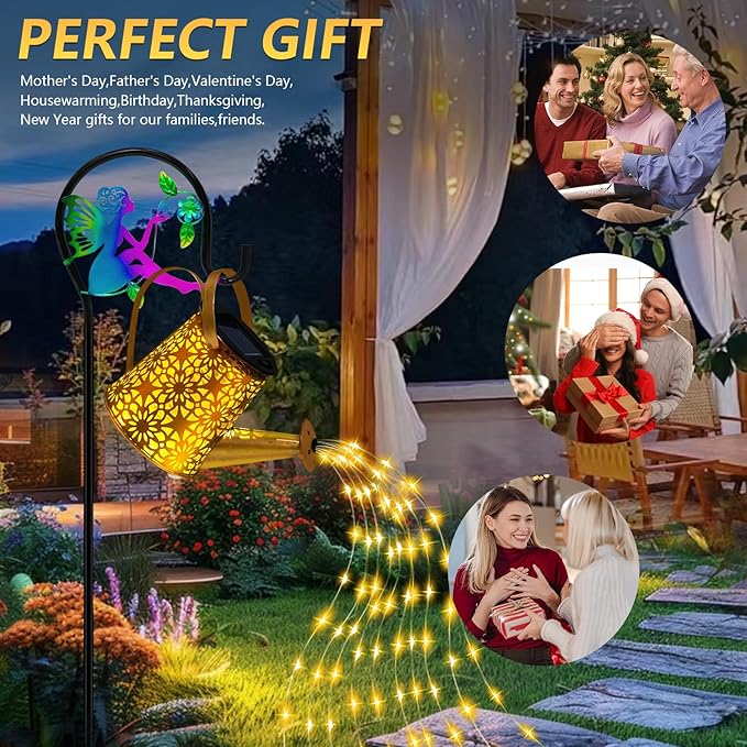 Solar Lights Garden Decorative Solar Watering Can with Cascading Lights Waterproof Metal Lantern with Fairy Shepherd Hook Outdoor Decor for Yard Patio Lawn and Pathway Gardening Gifts for Mom