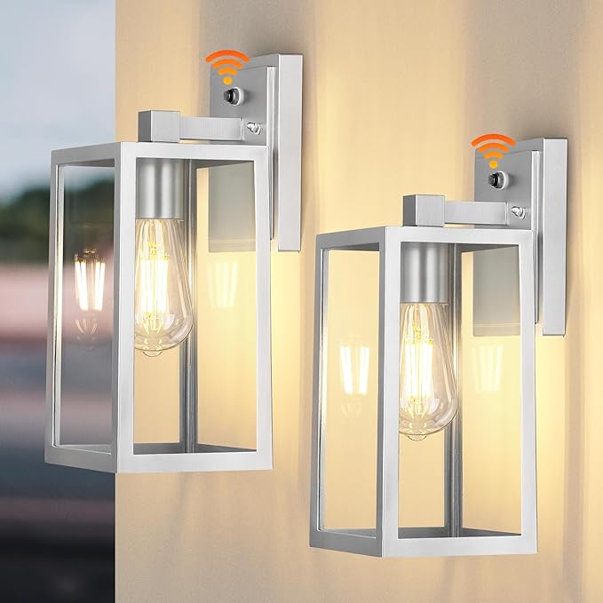 PARTPHONER Silver Dusk to Dawn Porch Lights Fixtures Wall Mount Sensor Exterior Lighting Lamp set of 2 Anti Rust Wall Sconce Waterproof Outdoor Wall Lantern for House Doorway Garage WTWL176AS2