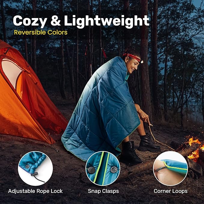 UNIKOME Waterproof Puffy Camping Blanket - Lightweight Packable Outdoor Quilt with Snaps &amp Corner Loops Warm Compact Blanket for Cold Weather Hiking Picnic Stadium Travel 75×52 Lake Blue&amp