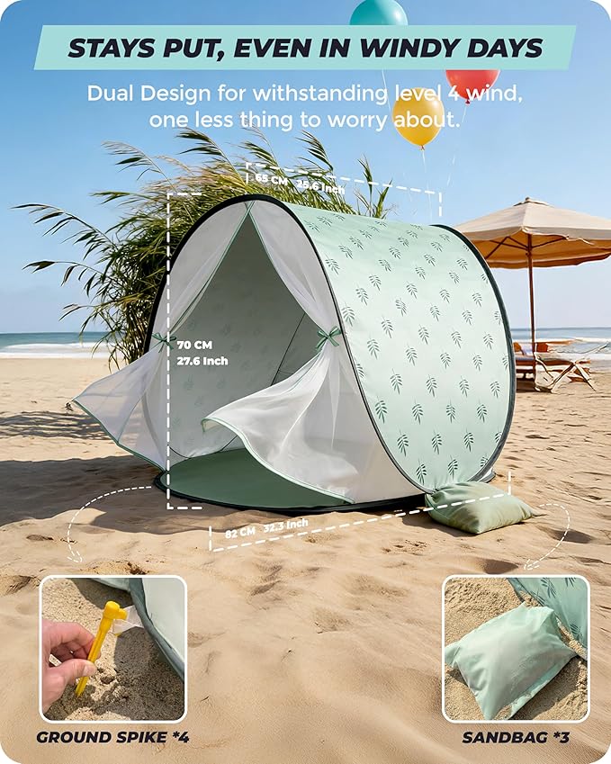 Baby Beach Tent 2026 Upgrade Pop Up UPF 50+ UV Protection Sun Shelter Canopy with Mosquito Net Portable Outdoor Shade Summer Essentials for Babies &amp Toddlers