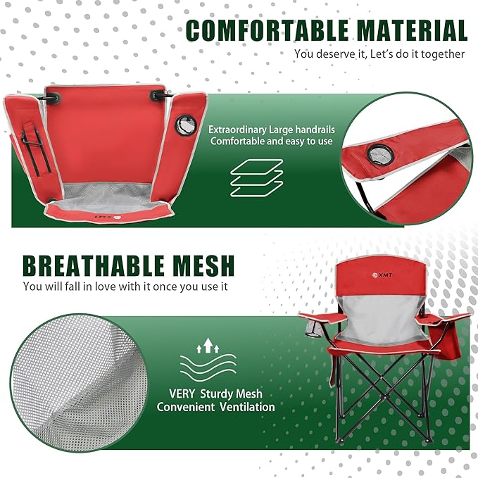 Portable Outdoor Folding Chair with Cup Holder &amp Cooler Bag - Breathable Mesh Wide Armrests Ergonomic Design for Camping Beach Backyard - Includes Storage Bag &amp Bottle Opener (Black/Green/