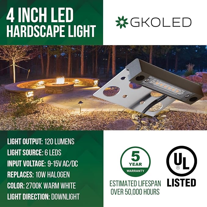 GKOLED 4 Inches LED Hardscape Light Paver Wall Light 2W 2700K LED Lighting Source Outdoor Step Lights Solid Powder Coated Die-cast Aluminum Housing Low Voltage 12V AC/DC Pack of 4 UL Listed