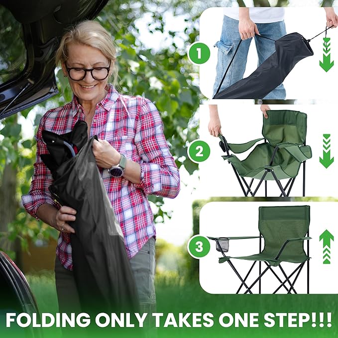 2 Pack Portable Camping Chairs Folding Lawn Chair Outdoor Lightweight Beach Chair with Cup Holder &amp Carry Bag for Outside Sports Fishing Hiking Travel Picnic Backyard Green