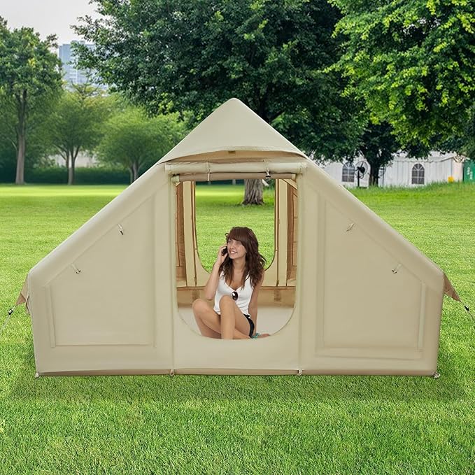 DYRABREST 4 Person Inflatable Camping Tent Instant Setup Portable Outdoor Tents with Pump Waterproof Windproof for Family Camping Beach Backyard (Khaki)