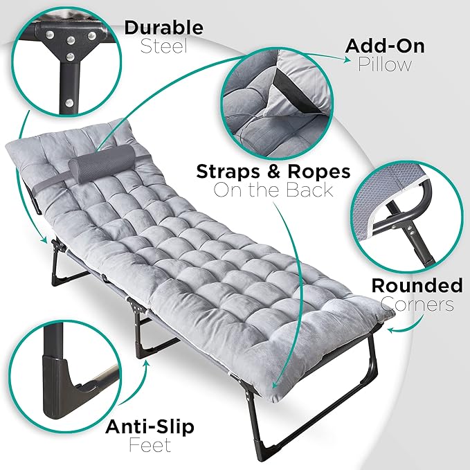 ZONETECH Folding Cot &amp Pad Mattress 4 Position Adjustable 2-Pack PortablePremium Quality for Adult and Kids-Perfect for Camping TravelPatioBeachIndoor &amp Outdoor Activity with Carry Bag