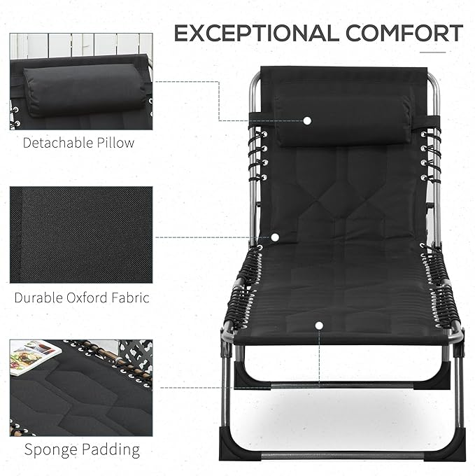 Padded Folding Chaise Lounge Chair Outdoor 6 Level Reclining Camping Tanning Chair with Headrest for Beach Yard Patio Pool Black
