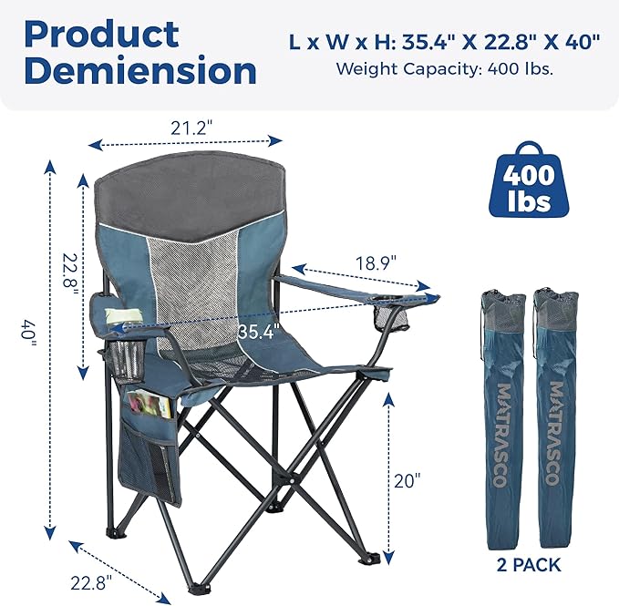 Outdoor Camping Chair 2-Pack with Mesh Back Folding Portable Lawn Chairs with Cup Holder &amp Side Storage Pocket for Camping Beach Picnic Fishing(Blue)