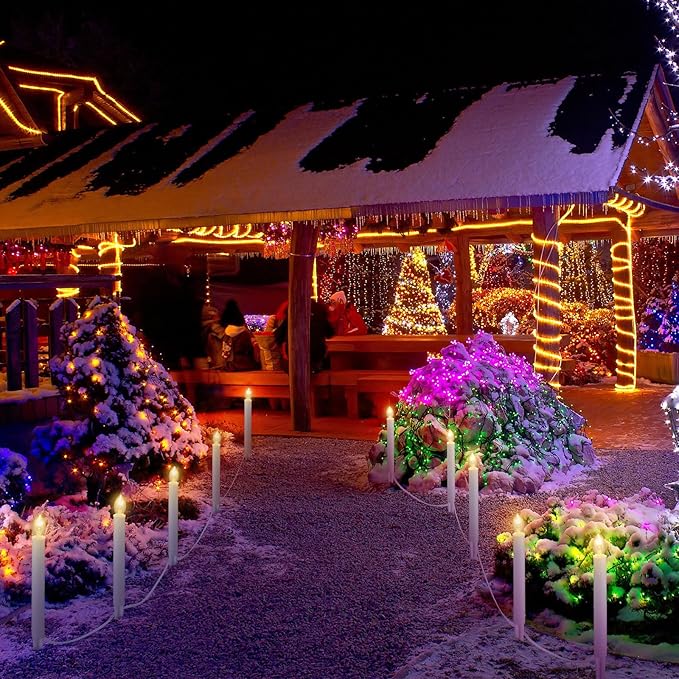 10 Pcs Christmas C7 Pathway Lights Outdoor Candle Lights with Stakes 19.5 ft Pathway Candles with 12 Pcs C7 Bulb for Outside Yard Driveway Sidewalk Decorations