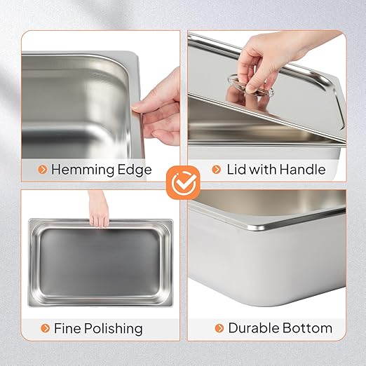 ROVSUN Full Size Hotel Pan 2-Pack 4 Inch Deep Steam Table Pan with Lid Stainless Steel Anti Jam Pan for Party Home Commercial