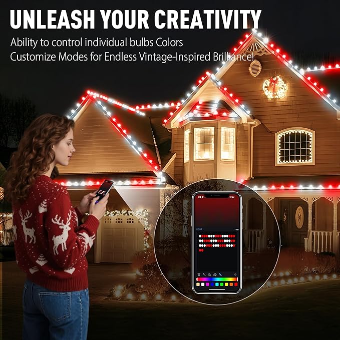 Probro Smart C9 LED Christmas Lights Outdoor 134FT 150 LEDs App Control 105+ Lighting Modes Music Sync Dimmable IP65 Waterproof Connectable String Lights for Yard Patio Roofline Decor