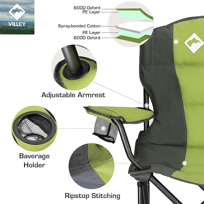 VILLEY Camping Chair Oversized Folding Camp Chair Portable Outdoor Chairs Support 400 LBS with Padded Seats Cooler Bag Cup Holder Carry Bag Green