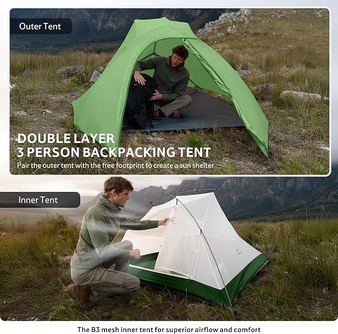 Naturehike Cloud Up 3 Person Backpacking Tent with Footprint - 3 Season Free Standing Lightweight 3 Person Camping Tent | with Footprint Free Standing Dome Camping Hiking Waterproof