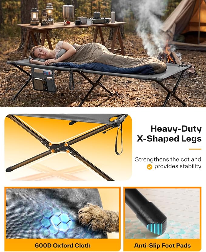 Sportneer Camping Cot 78.3x28.7x14.6 Sturdy 6-Leg Foldable Guest Bed for Adults with Storage Bag &amp Side Pocket Compact Portable Design 330 LBS Support