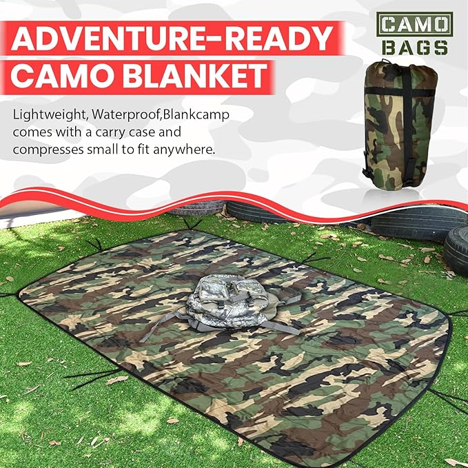 Camo Military Woobie Style Blanket- Waterproof Blankets with Adjustable Straps- 8 Pair Tie Cords military blanket with Reinforced Stitching- Ultralight RIBSTOP Travel Blanket for Camping &amp Outdoor