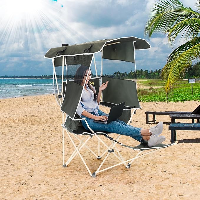 Nice C Chair with Canopy Umbrella Chairs Chair with Shades Sports Chairs w/Removable Footrest Cooler Bag Cup Holder for Camping Fishing Sports Soccer Beach (1-P Green)