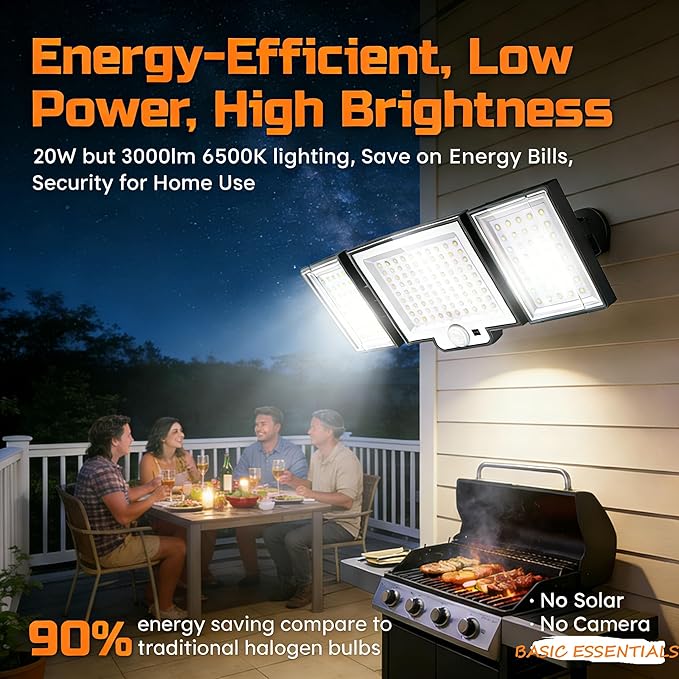 CLAONER 20W 3000LM LED Security Motion Sensor Outdoor Floodlights 6500K Daylight Remote Control 3 Modes Dusk to Dawn Waterproof 3 Heads Hardwired Flood Light for Driveway Garage Porch(2 Pack)