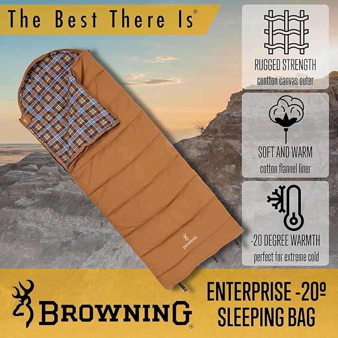 Browning Camping Enterprise 0° Degree Sleeping Bag – Hooded Rectangular Cold Weather Canvas Sleeping Bag with Flannel Liner PolyLoft Insulation &amp Roll-Up Straps for Winter Camping