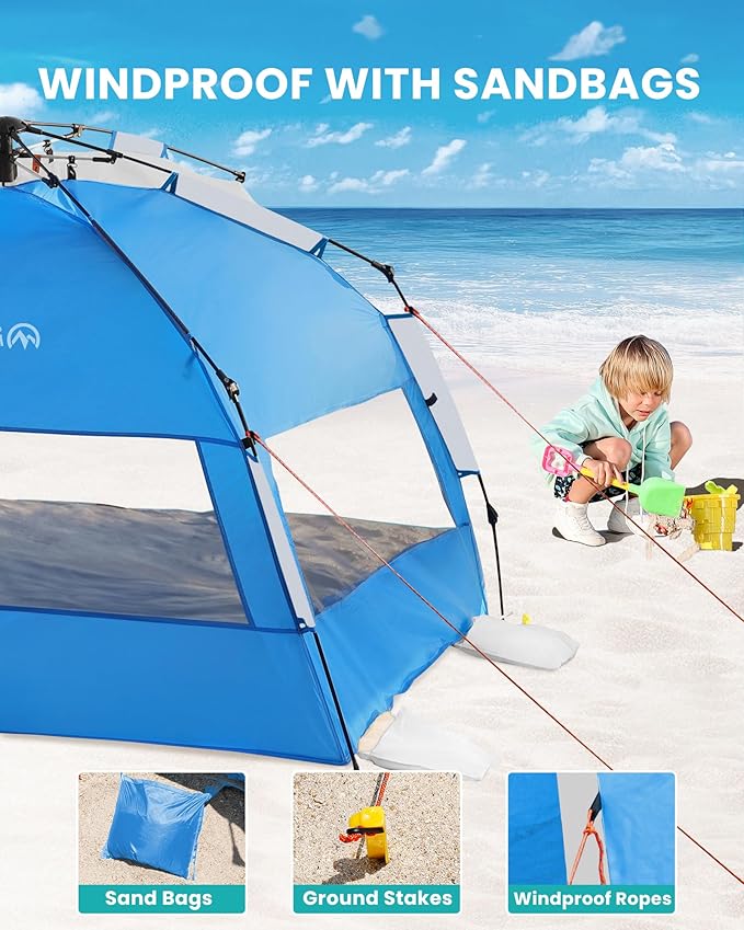OutdoorMaster Beach Tent with Blackout Shelter Technology Portable Sun Shade Shelter 4 Person Pop Up Beach Tents with UPF 50+ UV Protection 9.5mm Thick Pole 3 Ventilating Mesh Windows