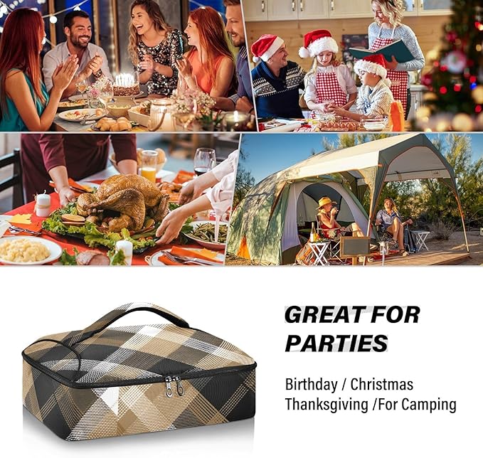 Casserole Carrier Pattern Black Brown Tartan Plaid Insulated Casserole Carrier for Hot or Cold Food Thermal Lunch Tote for Parties Picnic Travel Carry Bag