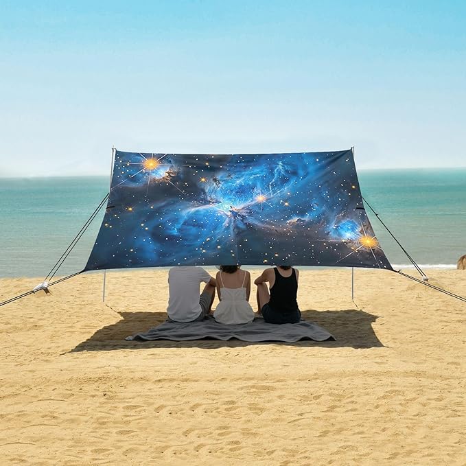 Blue Starry Sky Beach Tent Sun Shelter 9.2' x 10.5' Beach Canopy with 4 Sandbags 4 Stability Poles Sand Shovels - Tent Canopy for Beach Camping Fishing Picnics