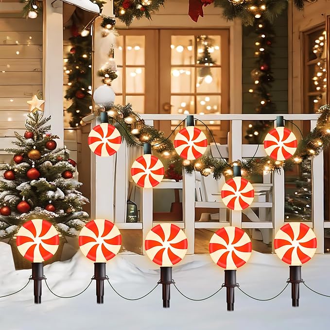 Ultimate Unicorn Christmas Lollipop Pathway Lights for Garden Christmas Decoration Red 10 LED Peppermint String Lights with Stakes for Outdoor Sidewalk Pathway Rooftop Lawn Garden