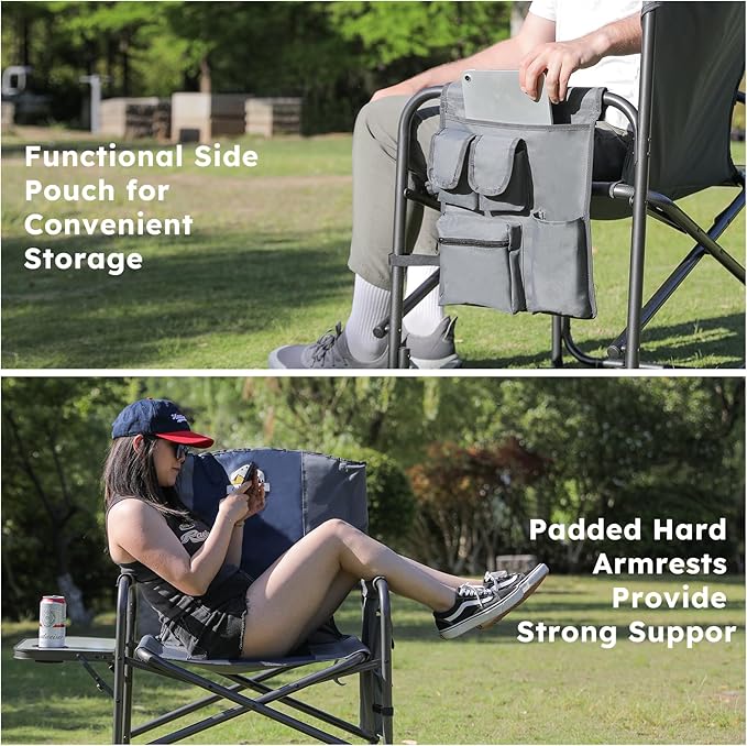 Oversized Directors Camping Chair Set of 2 Support 600 LBS Heavy Duty Folding Outdoor Chairs with Detachable Side Pocket and Adjustable Side Table for Outside BeachLawnFishing (Blue)