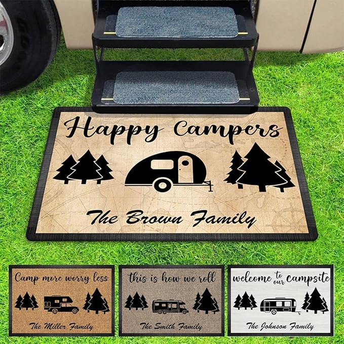Personalized Happy Campers Doormat - Custom Family Name and Rv Camping Door Mat Accessories for Inside Outside Campsite Decor Travel Trailers Decorative Gift Welcome Motorhome Rugs 16 x 24 inches
