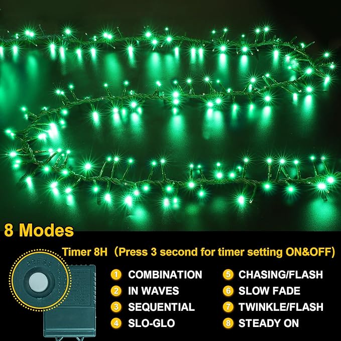 LAMPHOME 500 LED St Patrick's Day String Lights Outdoor 11 Modes Plug-in Twinkle Fairy for Bedroom 46ft 500LED Christmas Cluster Outdoor Waterproof Green