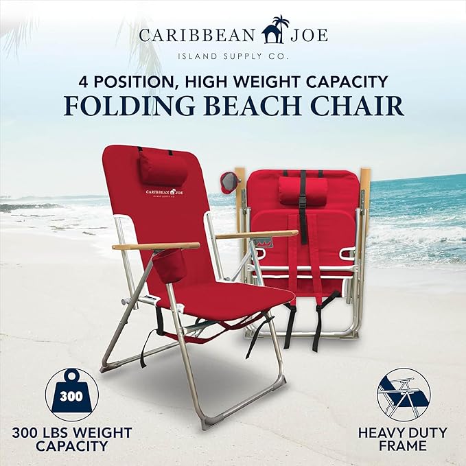 CARIBBEAN JOE Folding Beach Chair 4 Position Portable Backpack Foldable Camping Chair with Headrest Cup Holder and Wooden Armrests