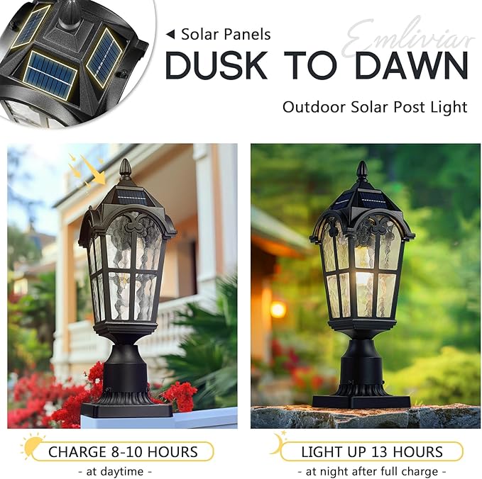 Emliviar 2 Pack Waterproof Solar Post Lamps in Black Finish for Pathway 17.3'' Dusk to Dawn Garden Patio Post Lights Includ LED Bulbs with Water Grain Glass Shade YXE302P-2PK SL BK