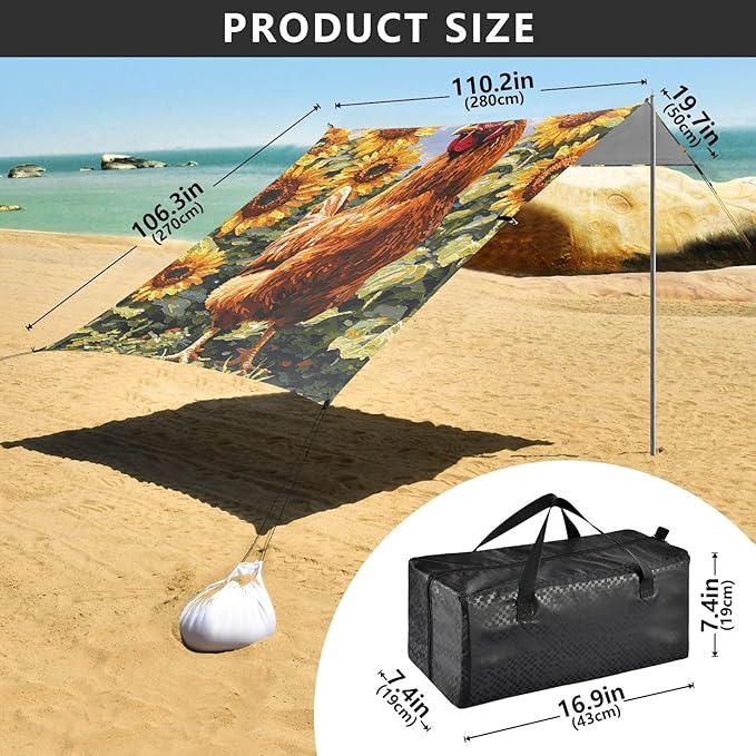Beach Tent Sun Shelter Rooster Sunflower Lightweight &amp Easy Setup Beach Shade Canopy for Camping Fishing