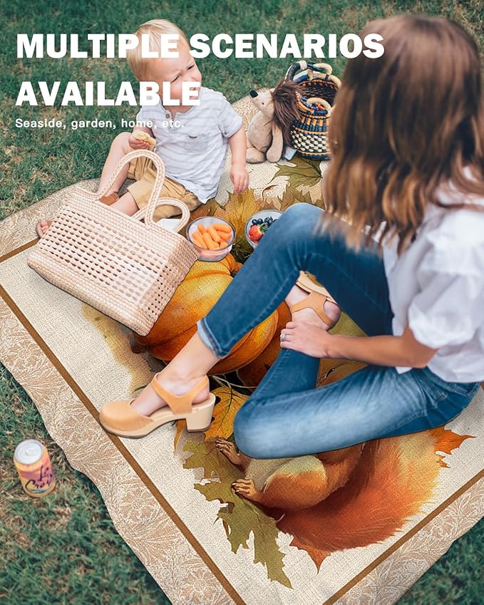 Beach Blanket Waterproof Sandproof Orange Pumpkin Squirrel Fall Watercolor Sunflower Quick Drying Beach Mat with 4 Stakes Thanksgiving Farm Harvest Lightweight Picnic Blanket for Travel 108x84
