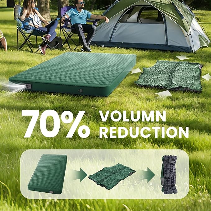 Self Inflating Double Sleeping Pad for Camping with Electric Pump 4 Inch Ultra Thick Memory Foam 2 Person Inflatable Sleeping Pad All Season Full Size Portable Camping Mattress for TravelTent (Green)